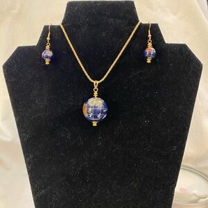 KJL Gold and Blue Globe Pendant Necklace and Earrings Set